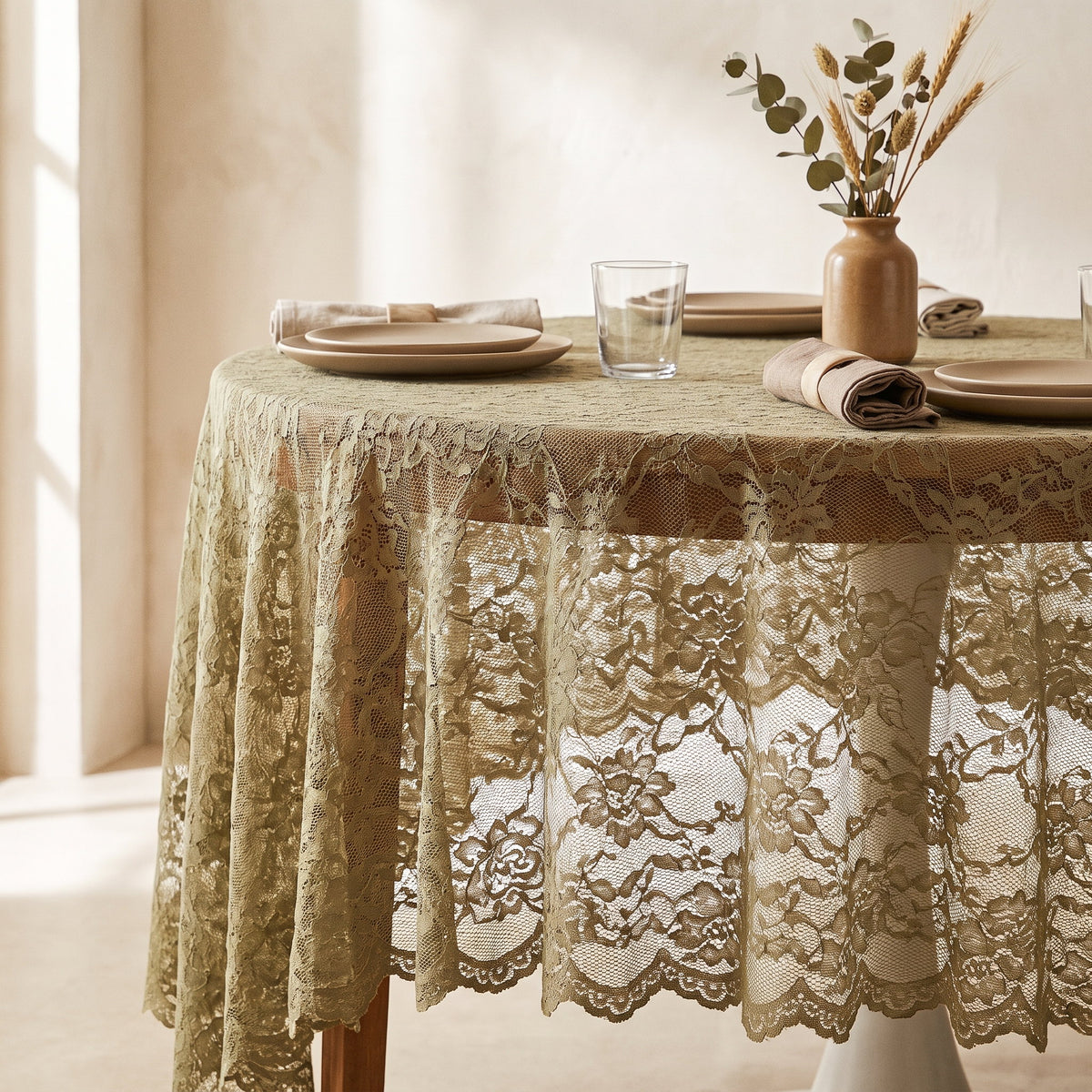 Serena Round Tablecloth in Olive Green, Style Room