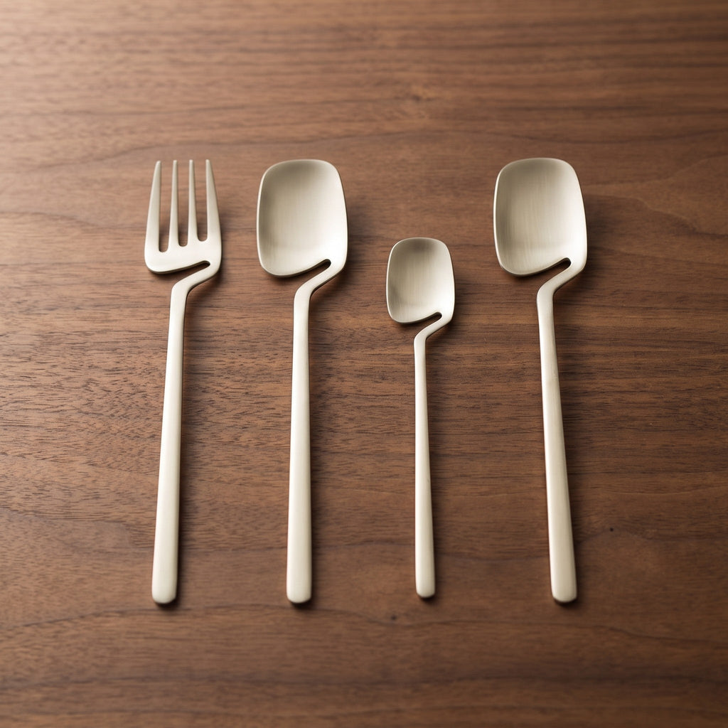 Sierra cutlery laid on a wooden table beside a plate and linen napkin