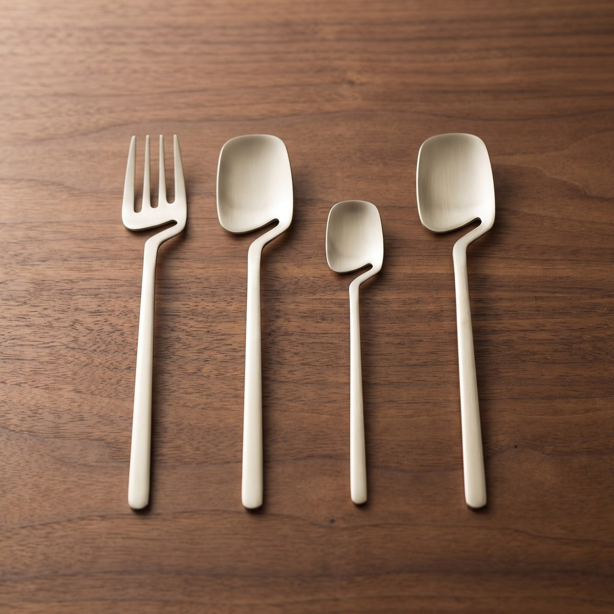 Sierra cutlery laid on a wooden table beside a plate and linen napkin