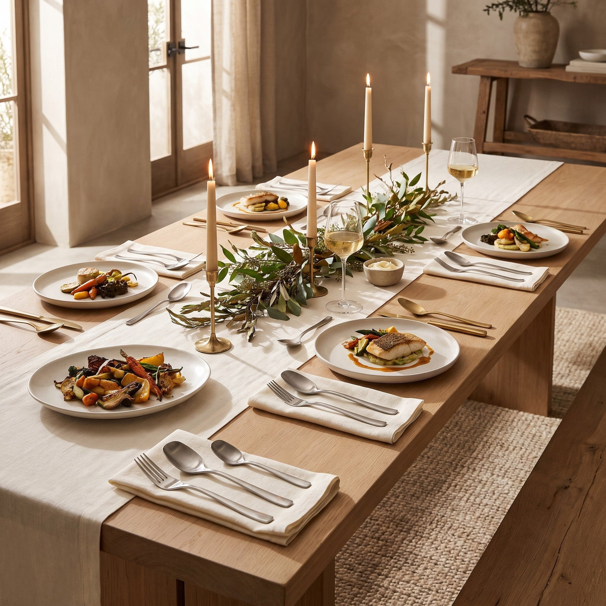 Sierra cutlery set out along a long wooden dining table with candles and foliage