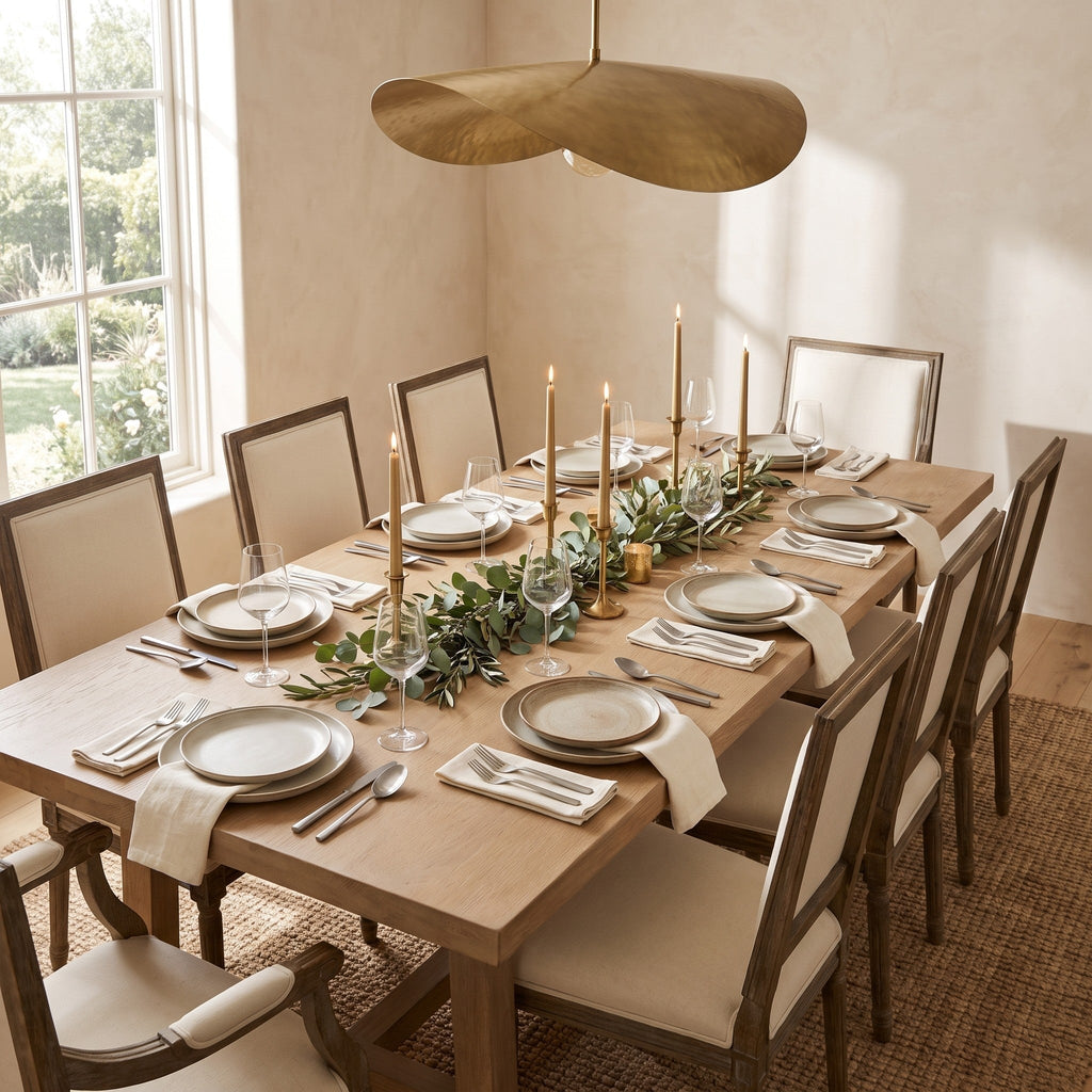 Dining table laid with Sierra cutlery under a brass pendant light