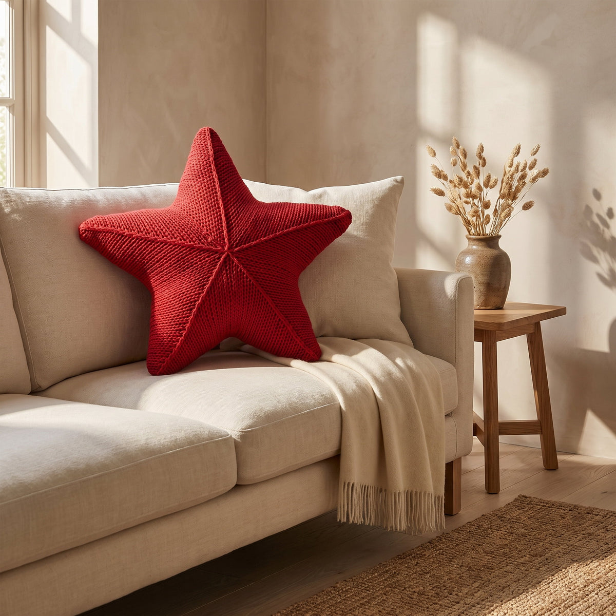 Silky star cushion propped on a cream linen sofa, Style Room