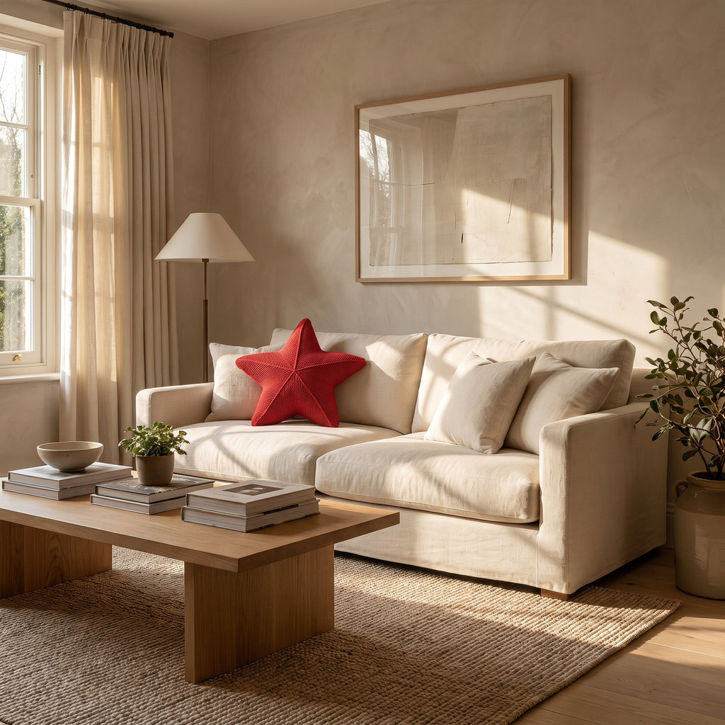 Silky red star cushion in a warm styled living room, Style Room