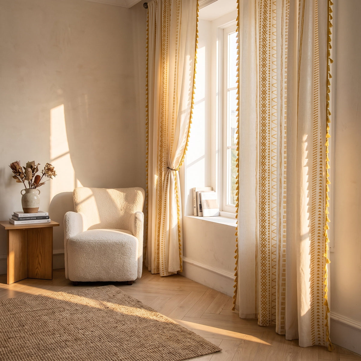 Solara gold-striped curtains hanging at a tall window, Style Room