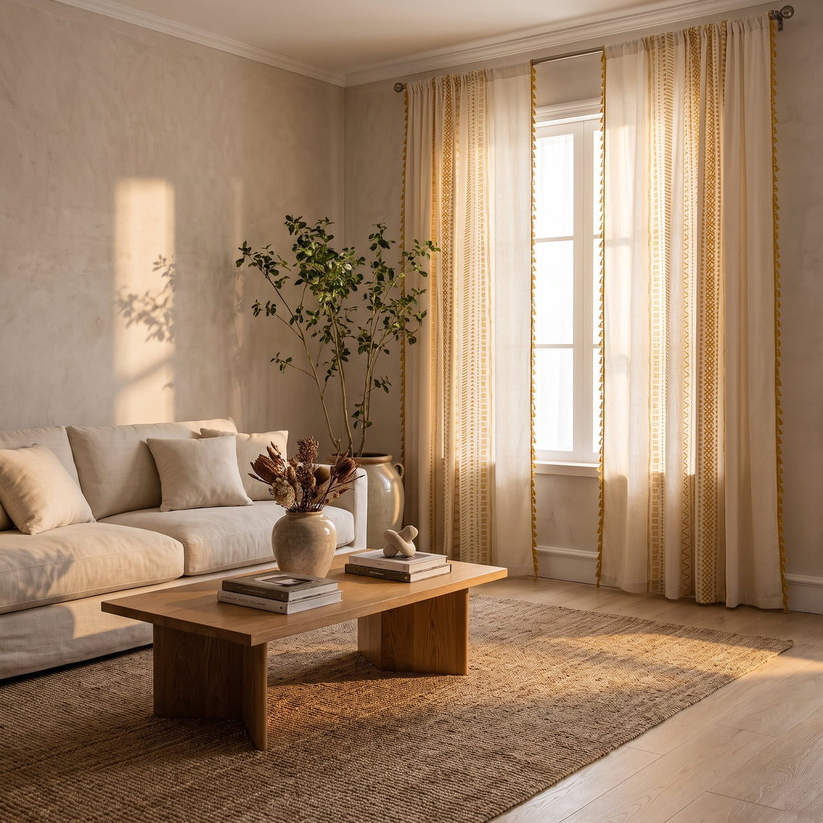 Solara gold-striped curtains in a warm styled living room, Style Room