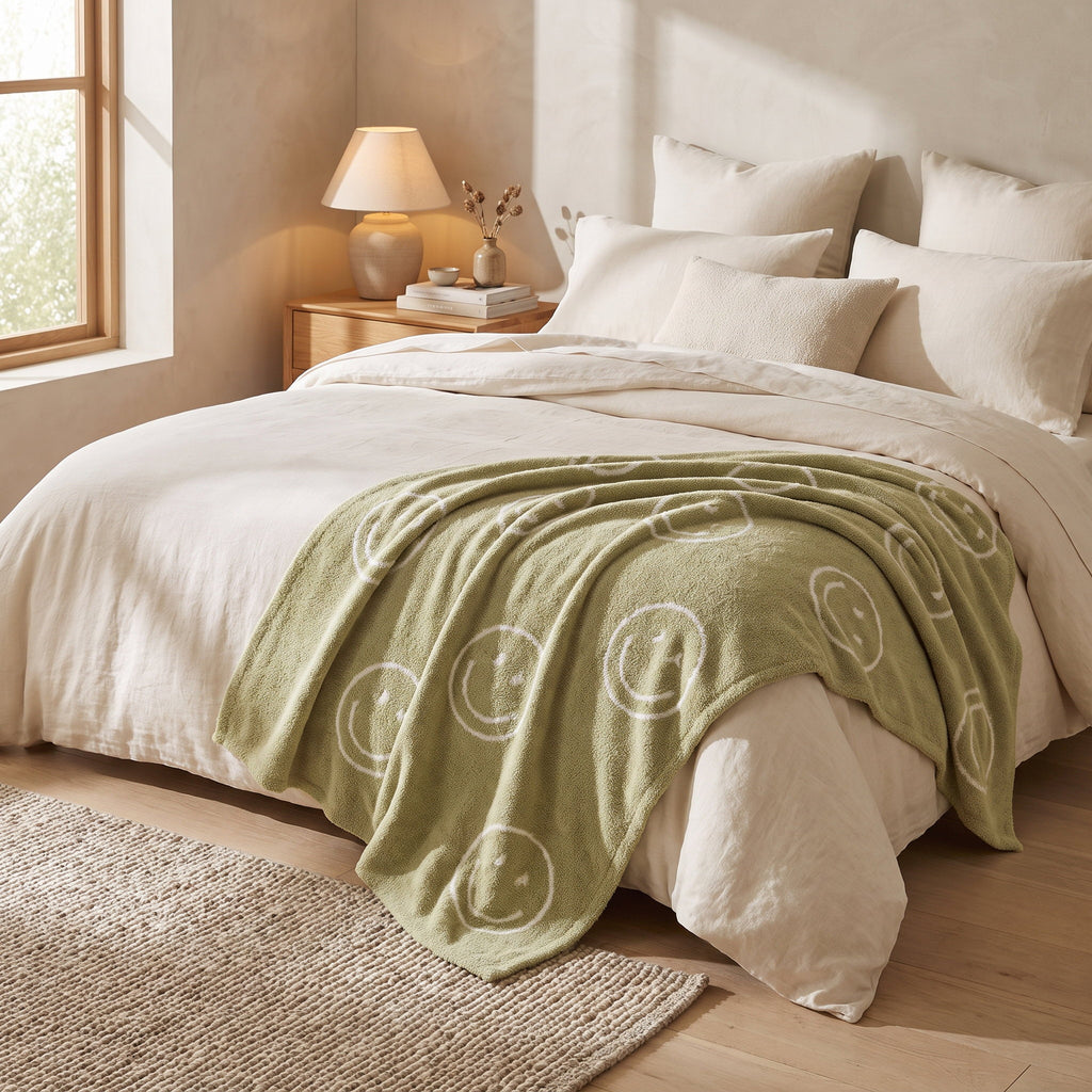 Soleil smiley blanket draped across a cream linen bed, Style Room
