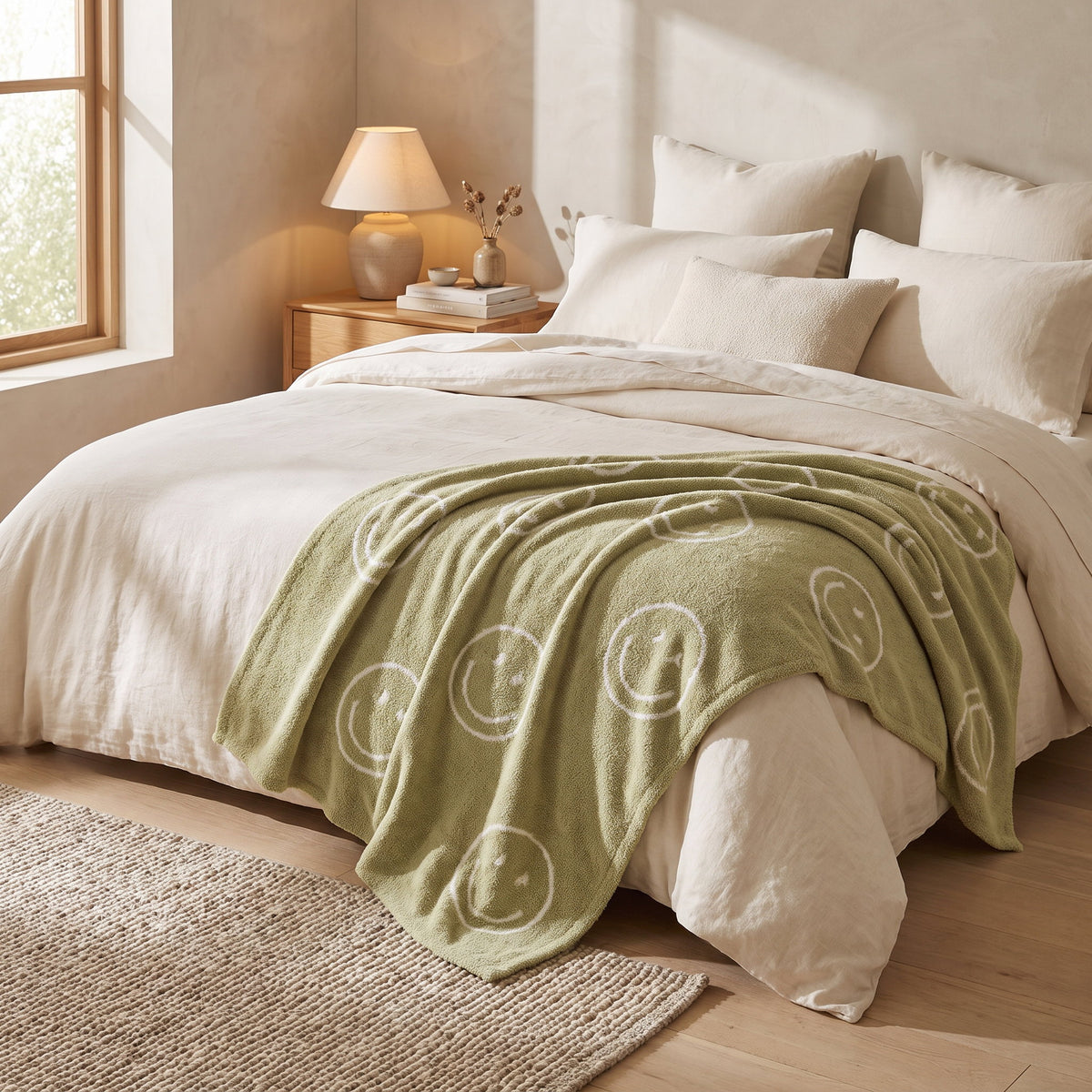 Soleil smiley blanket draped across a cream linen bed, Style Room