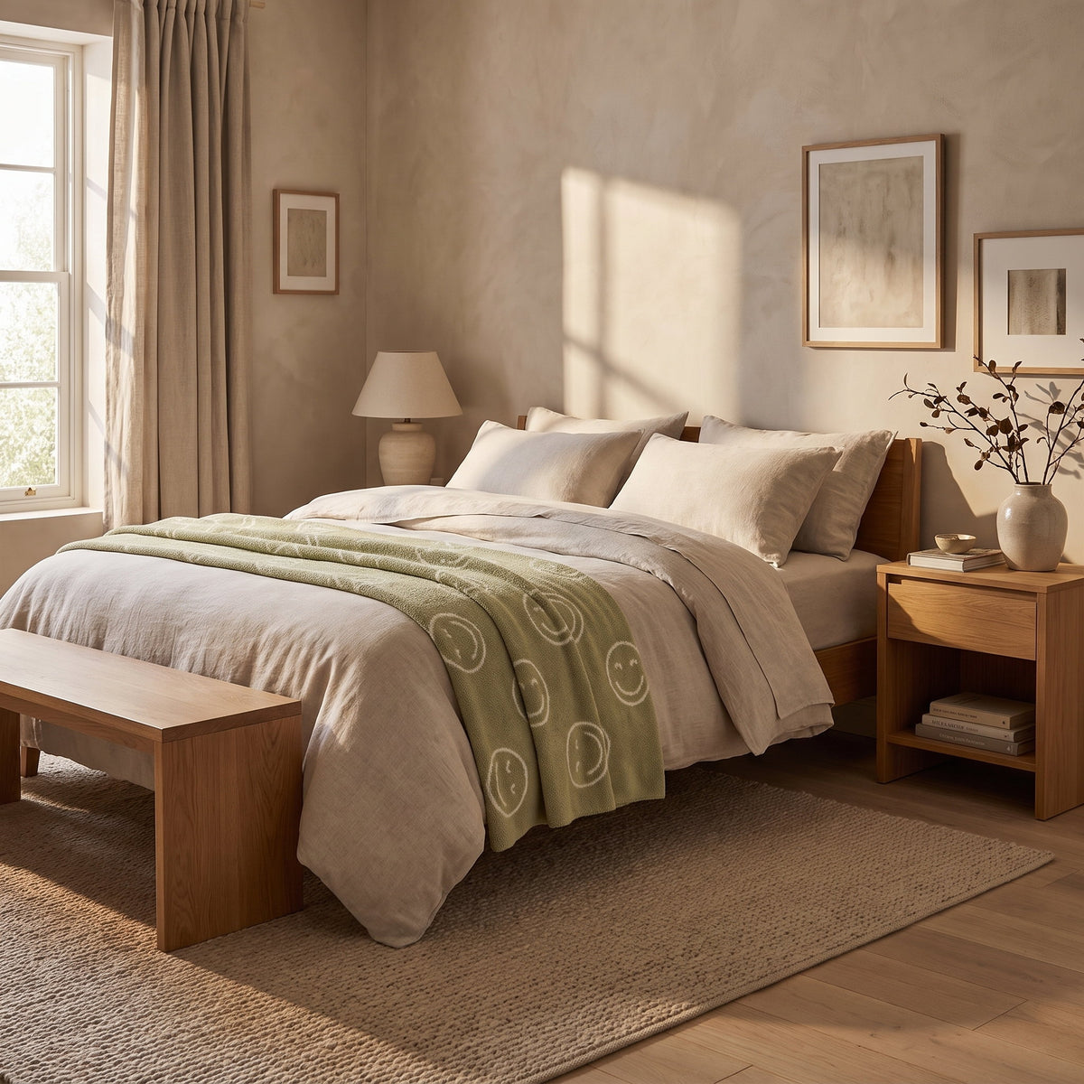 Soleil smiley blanket in a warm styled bedroom, Style Room