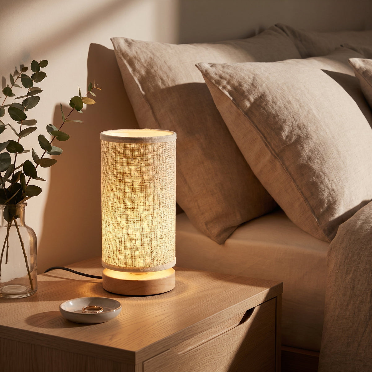 Soren night light lit on a bedside table in a furnished bedroom at night, Style Room