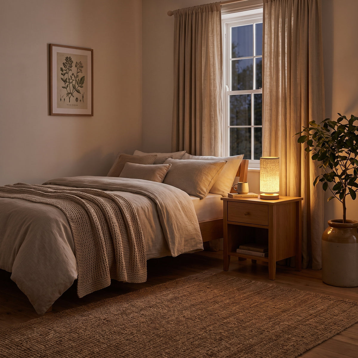 Soren night light lit in a furnished bedroom at dusk with linen curtains and a jute rug, Style Room