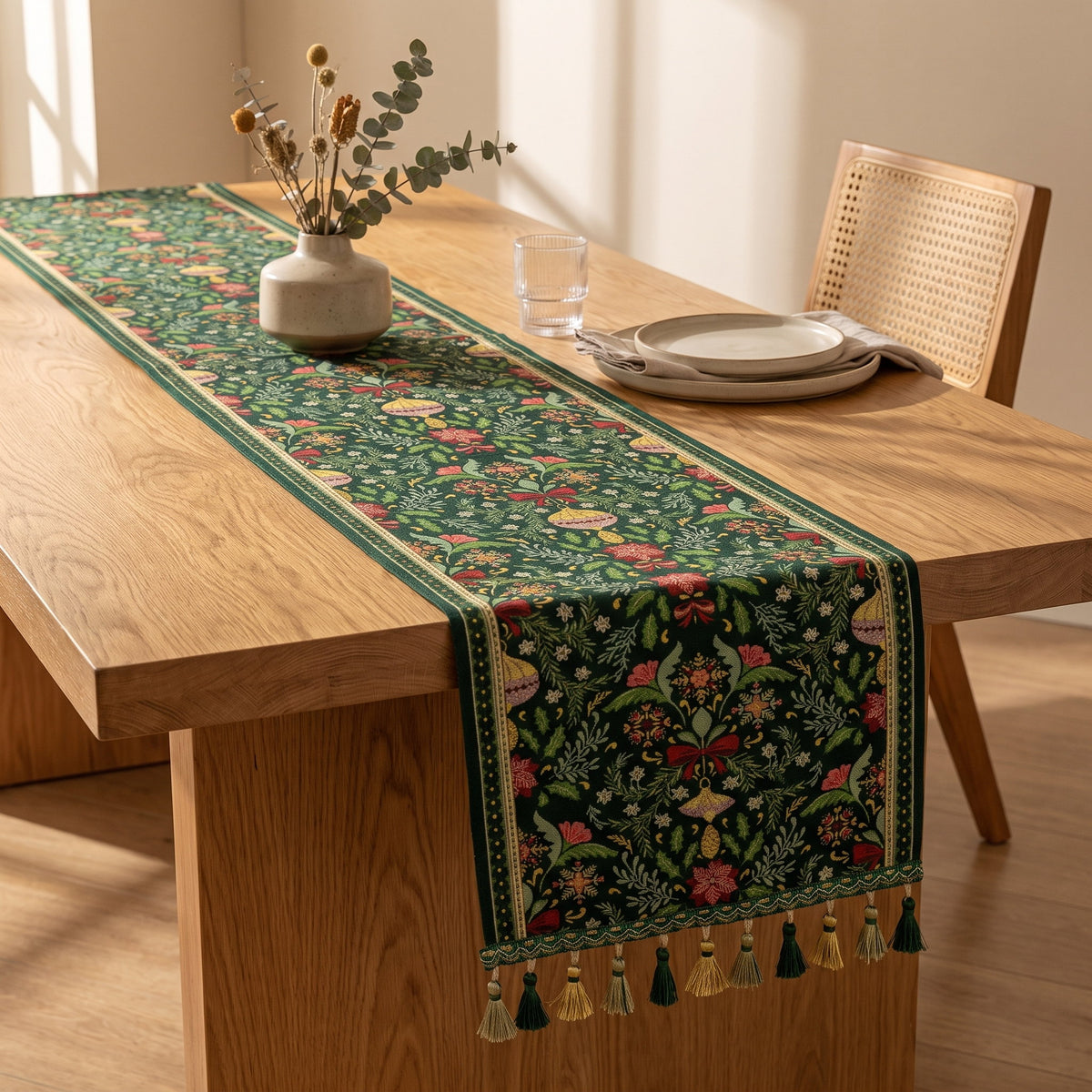 Trillium botanical table runner in forest green with berries, blossoms and tassels, Style Room