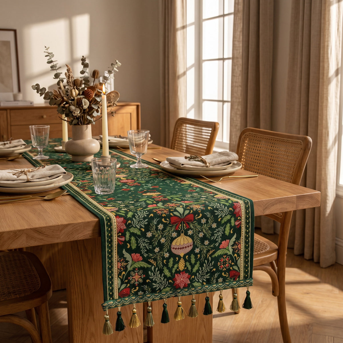 Green botanical runner on a laid oak dining table in warm afternoon light, Style Room