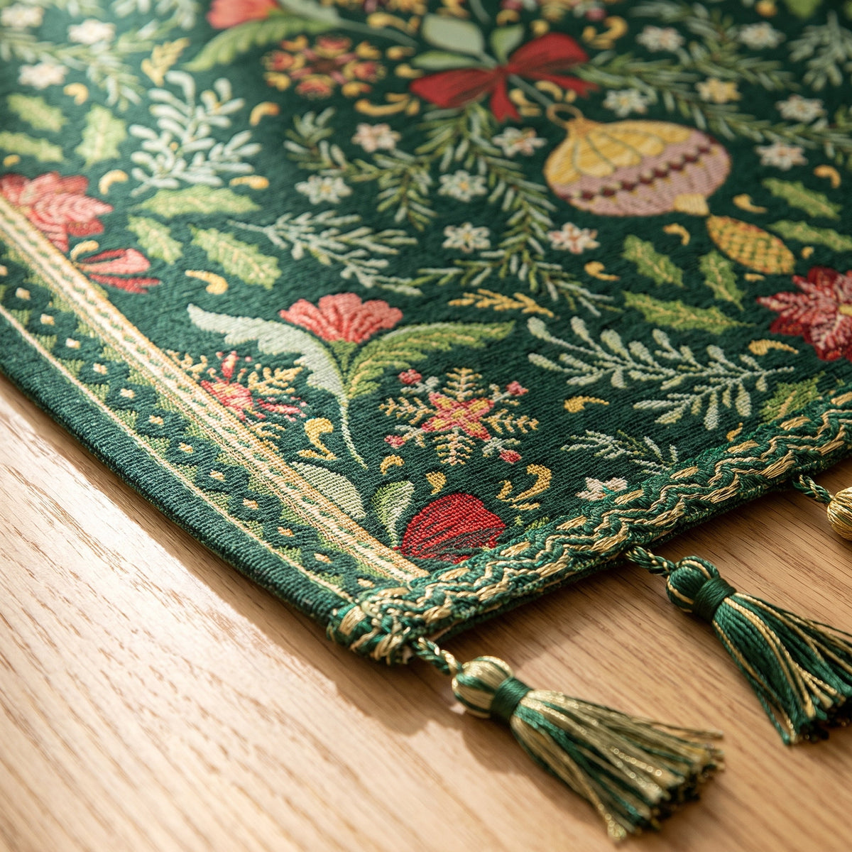 Close-up of the botanical pattern and green and gold tassels of the Trillium runner, Style Room