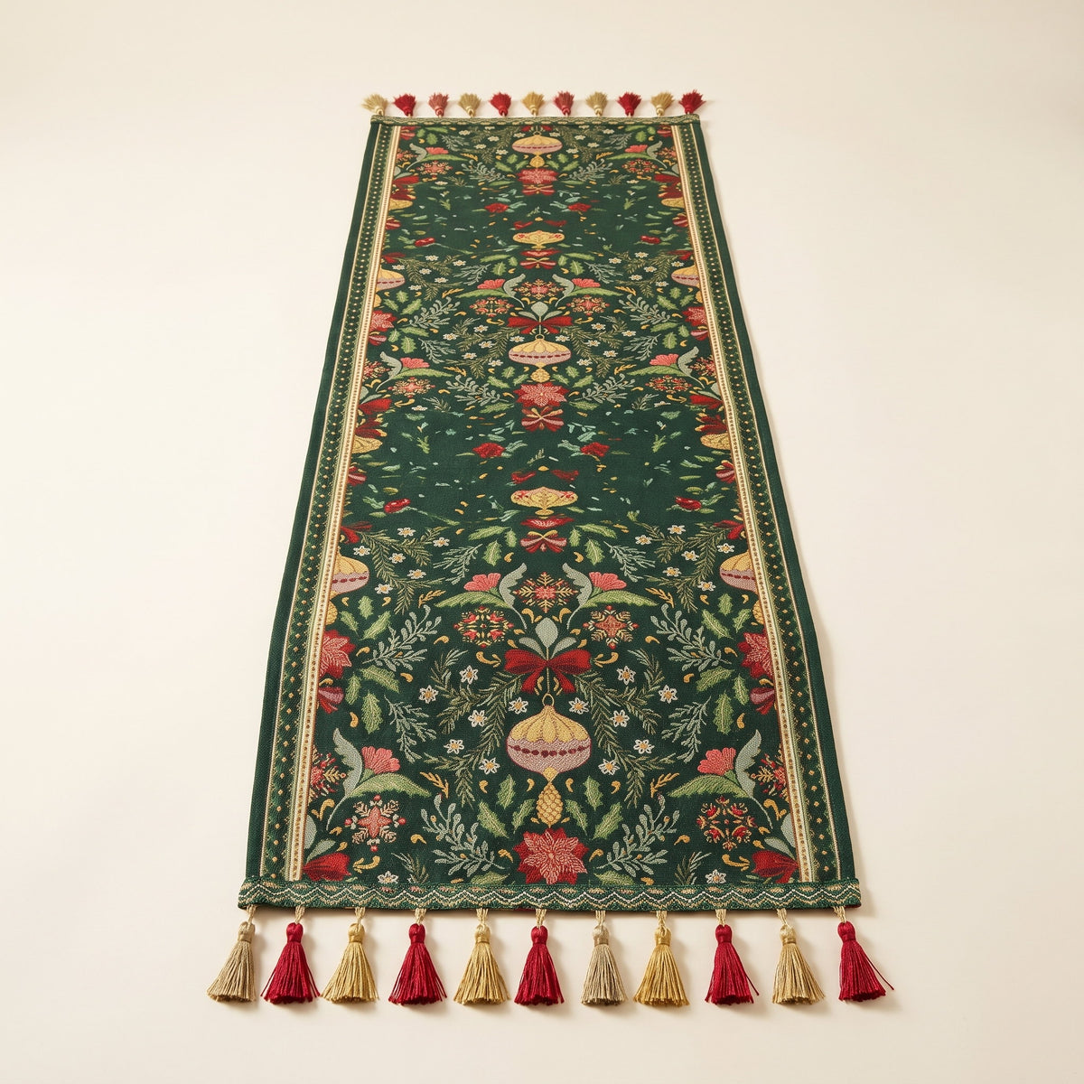 Trillium botanical print table runner laid flat with tassels at both ends, full view