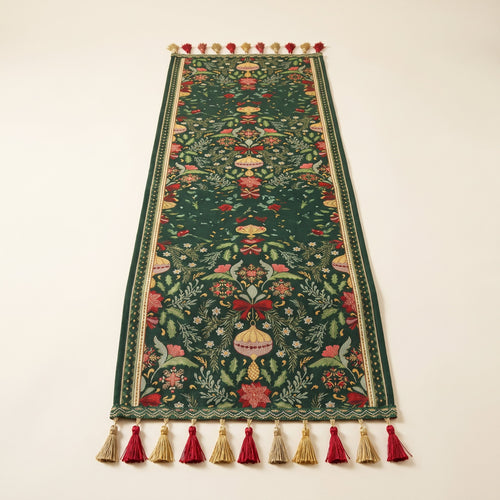 Trillium botanical print table runner laid flat with tassels at both ends, full view