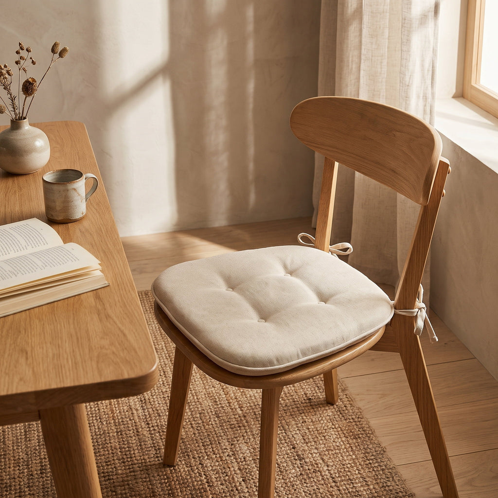 Ivory tufted chair cushion tied to an oak dining chair beside a laid table, Style Room