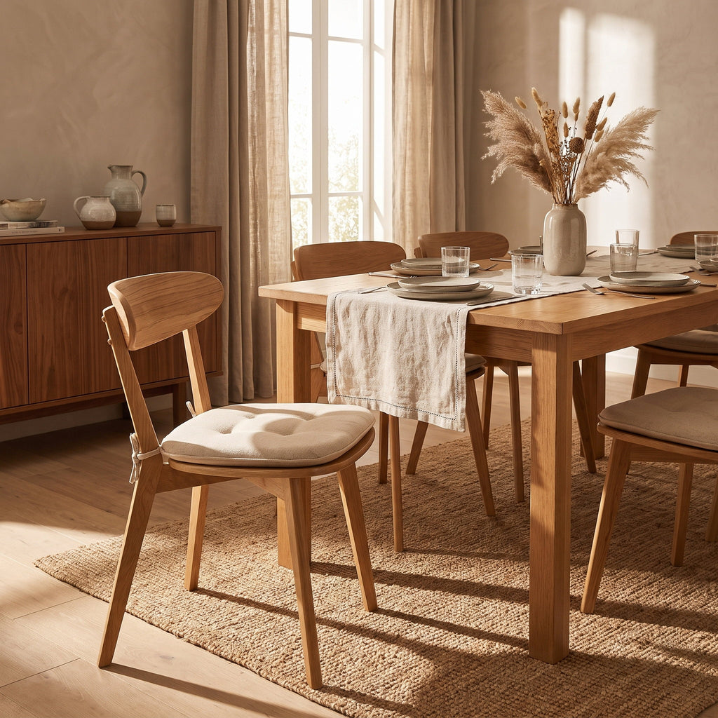 Warm dining room with Vela ivory tufted chair cushions on oak chairs, Style Room