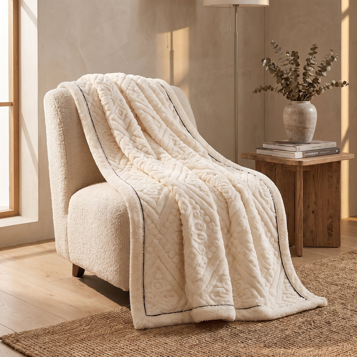 Vela carved velvet blanket draped over a boucle armchair, Style Room