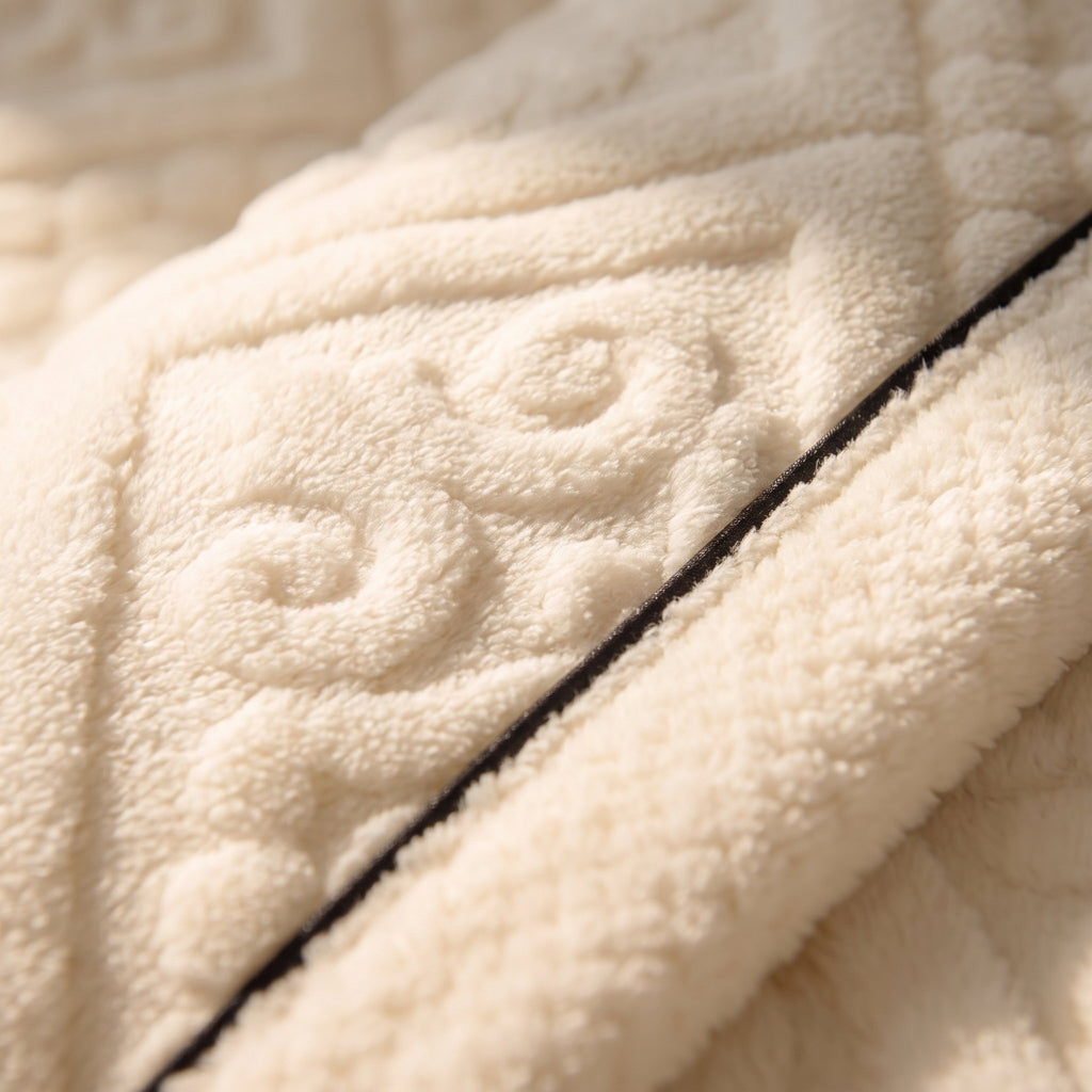 Close-up of the carved relief and piped edge of the Vela blanket, Style Room