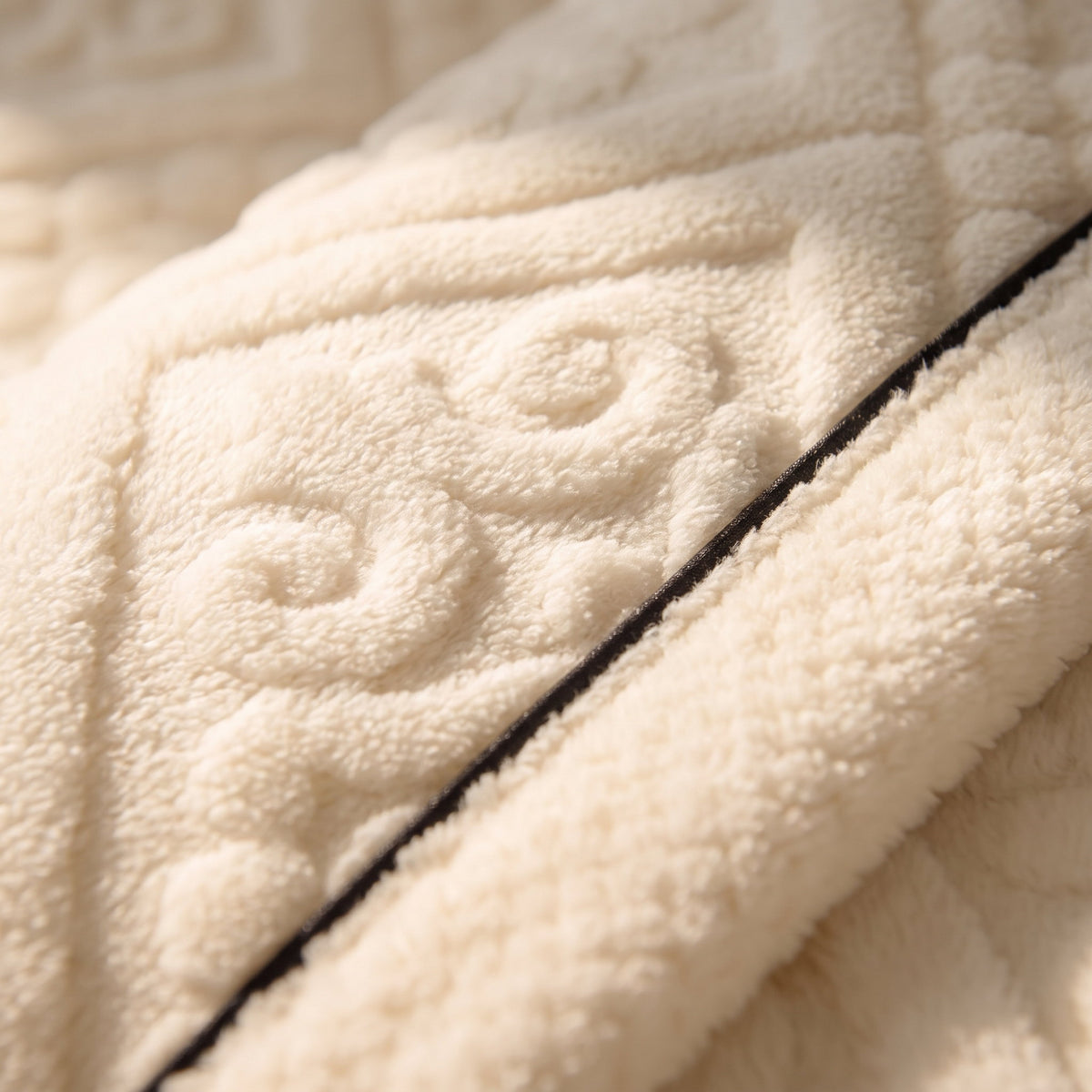 Close-up of the carved relief and piped edge of the Vela blanket, Style Room