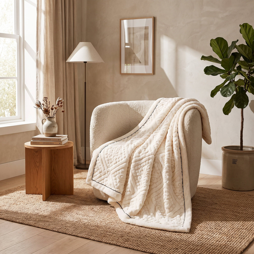 Vela cream blanket in a warm styled living room, Style Room