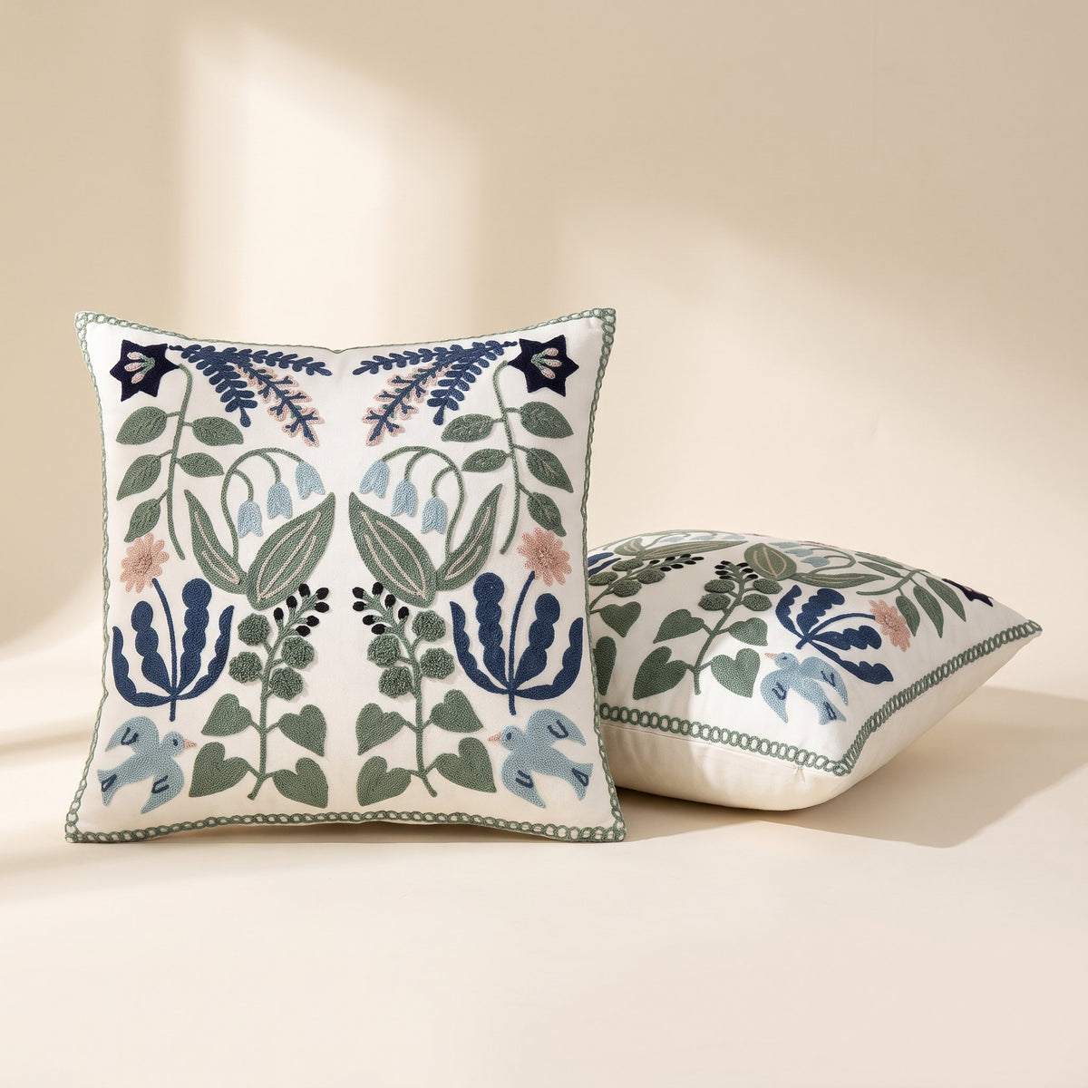 Vera botanical embroidered cushion cover with pom-pom trim, Style Room