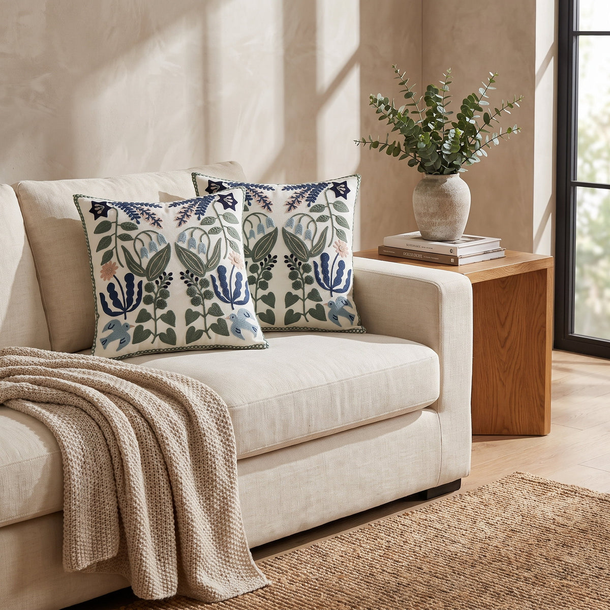 Vera botanical cushions arranged on a cream linen sofa, Style Room