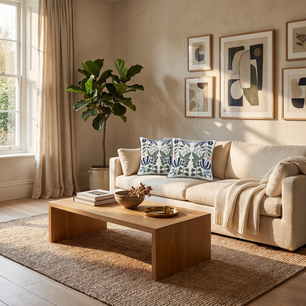 Vera botanical cushions in a calm cream living room, Style Room