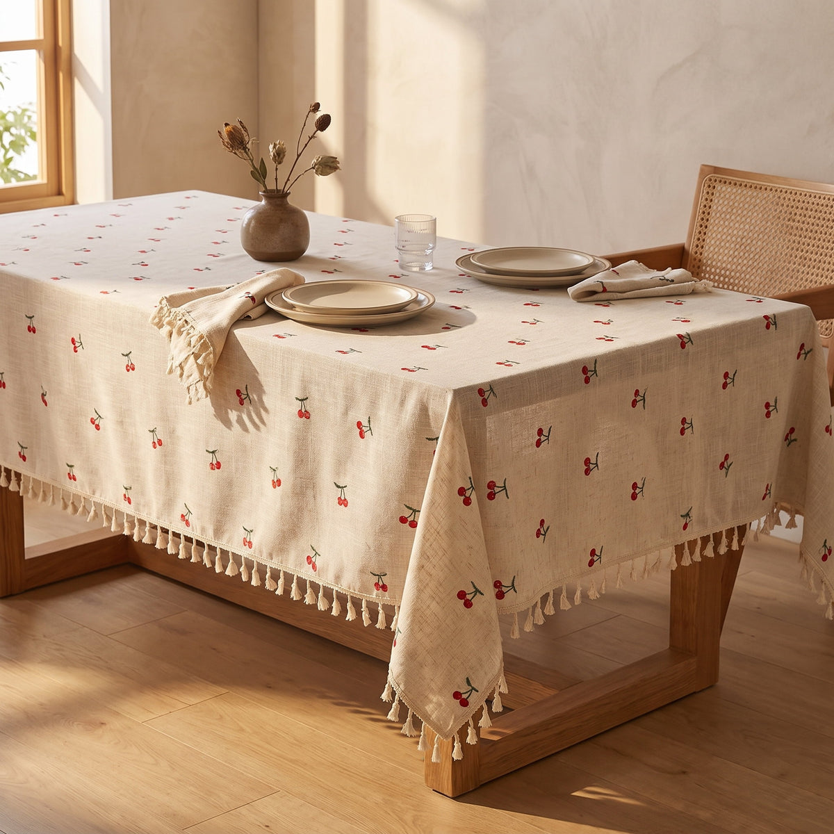 Vera beige cherry-print tablecloth with cream tassel fringe, Style Room
