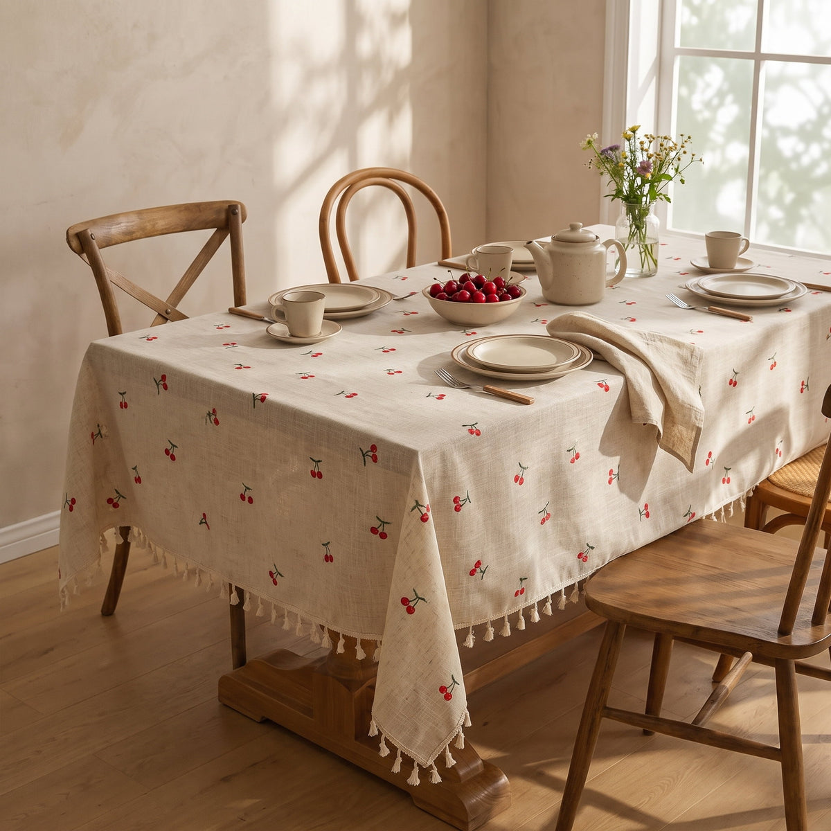 Vera cherry tablecloth spread over a dining table, Style Room