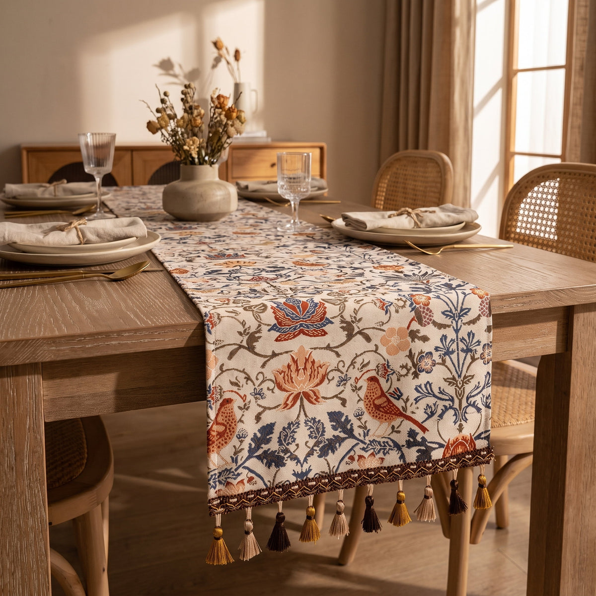 Vintage floral jacquard runner on a laid oak dining table in warm light, Style Room