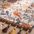Close-up of the floral jacquard bird motif and tassels on the Vera runner, Style Room