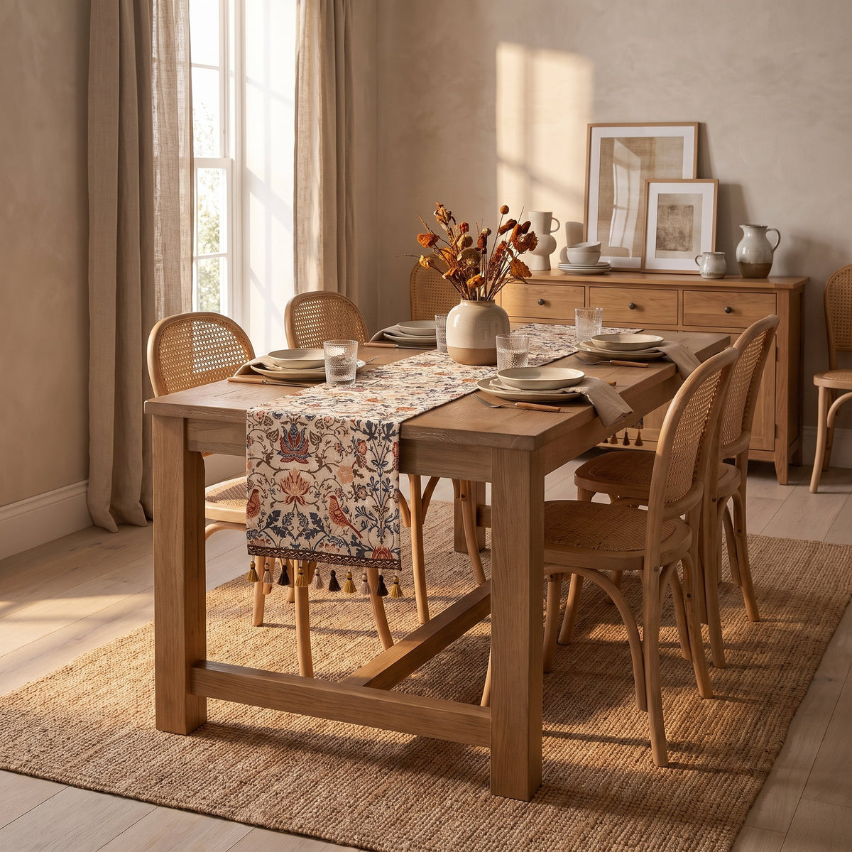 Dining room with the Vera vintage floral jacquard runner on an oak table, Style Room