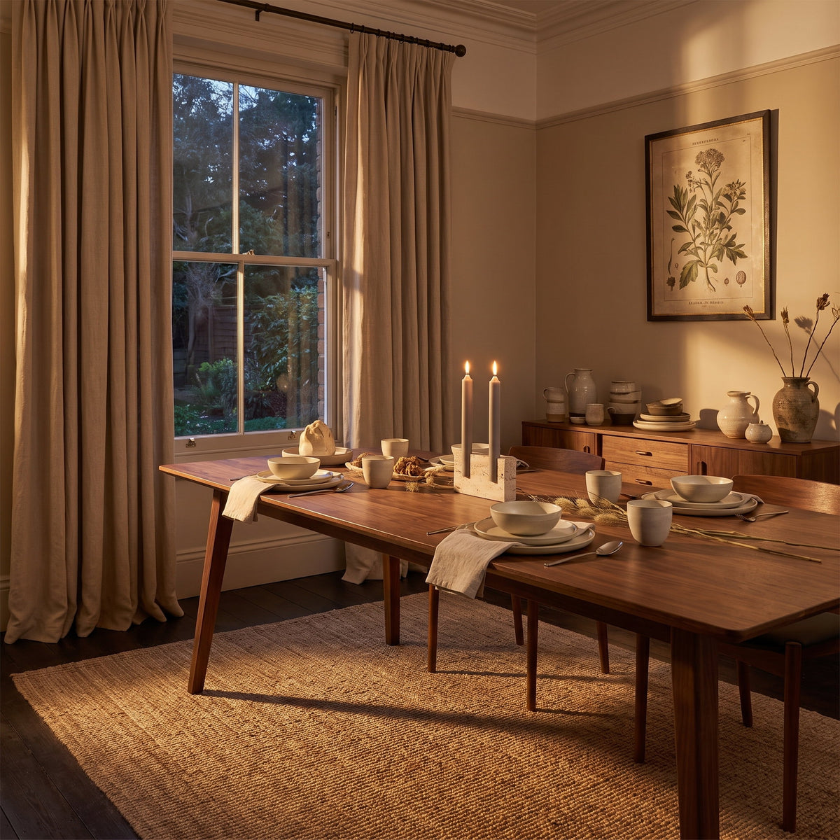 Verona candle holder with two lit tapers on a dining table in a furnished dining room, Style Room