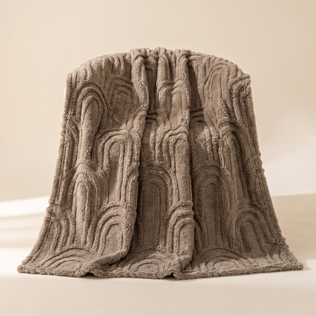 Viora taupe plush blanket with raised carved arch pattern, Style Room