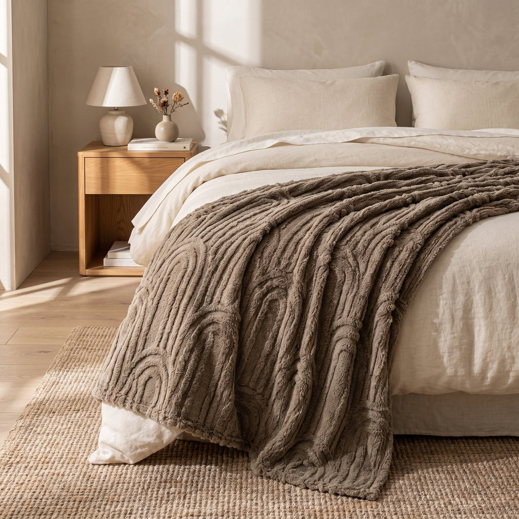 Viora arch plush blanket draped over a cream linen bed, Style Room