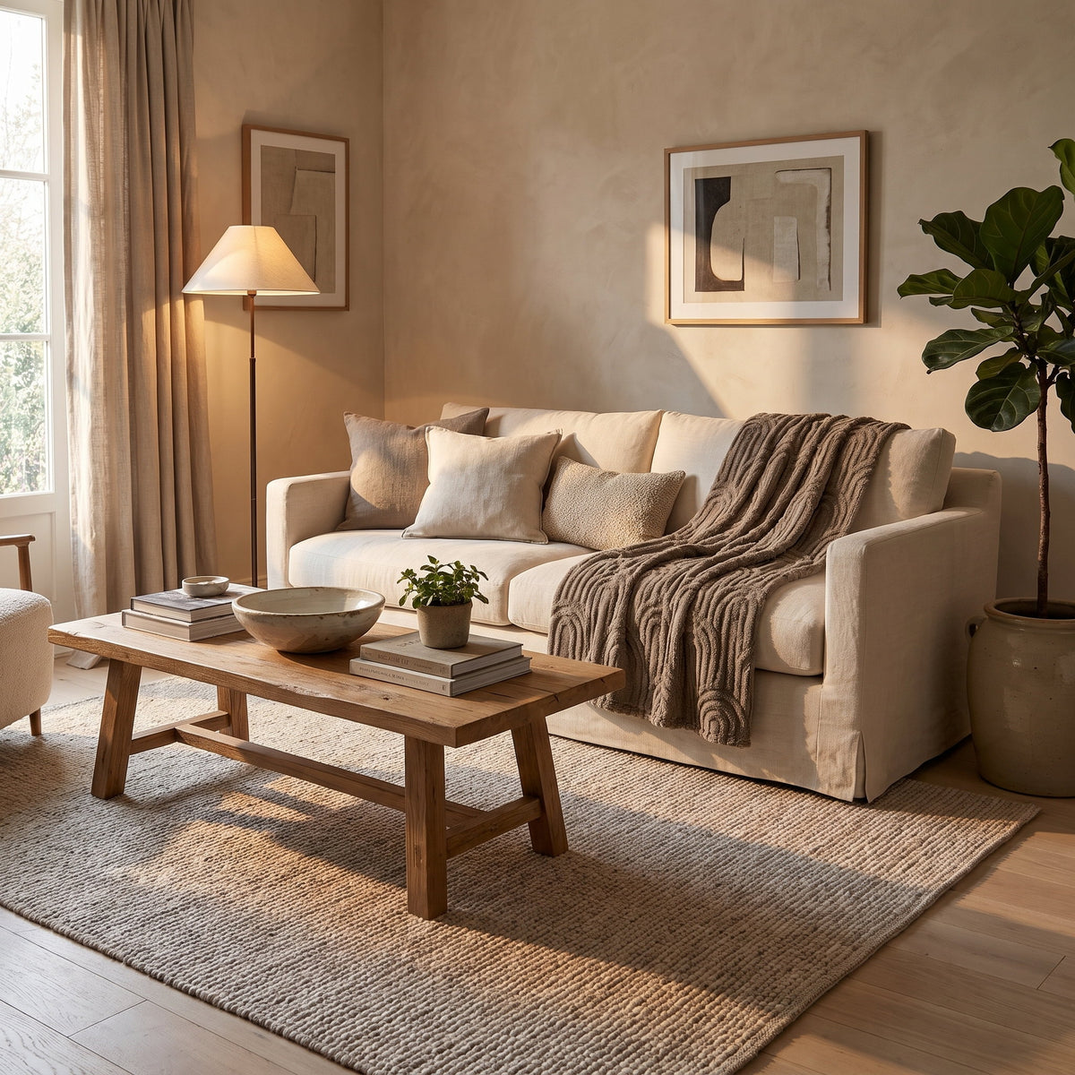 Viora arch plush blanket over a cream linen sofa, Style Room