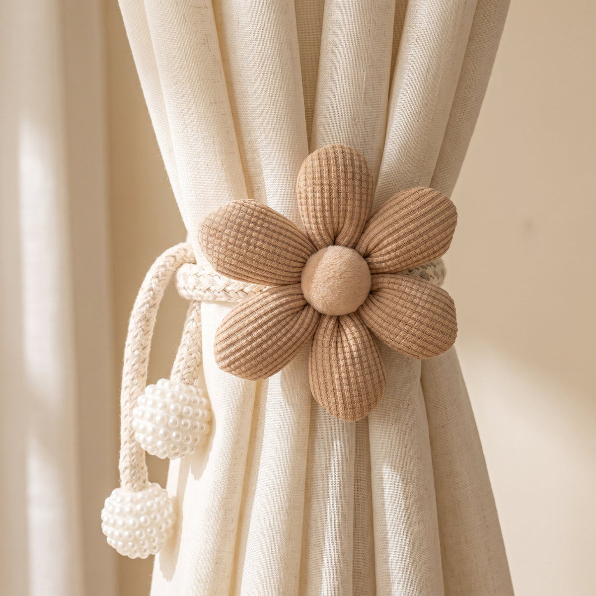 Wren floral curtain tie back in sand tan with embroidered flower and pearl beads, Style Room