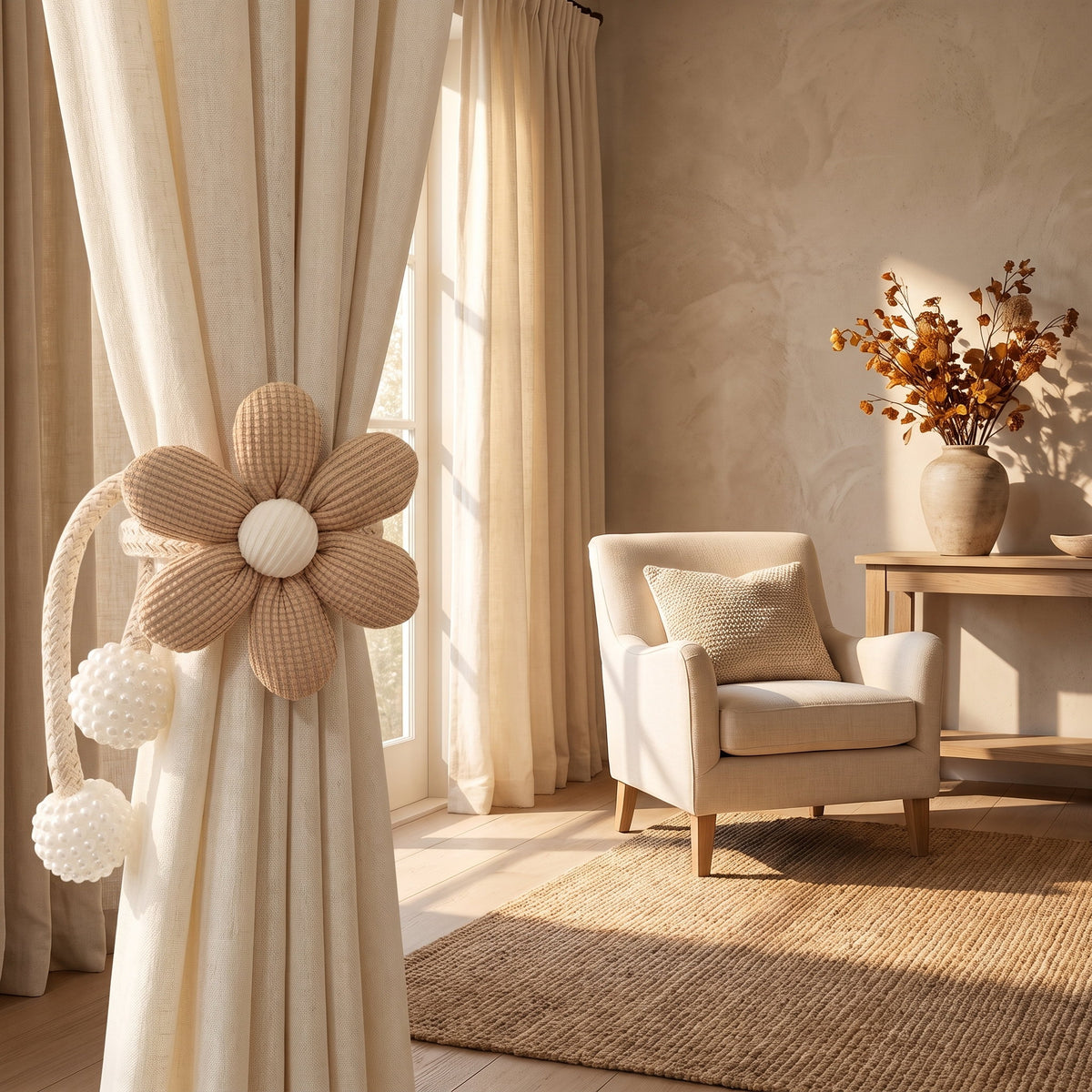 Sand tan flower tie backs holding cream linen curtains at a window, Style Room