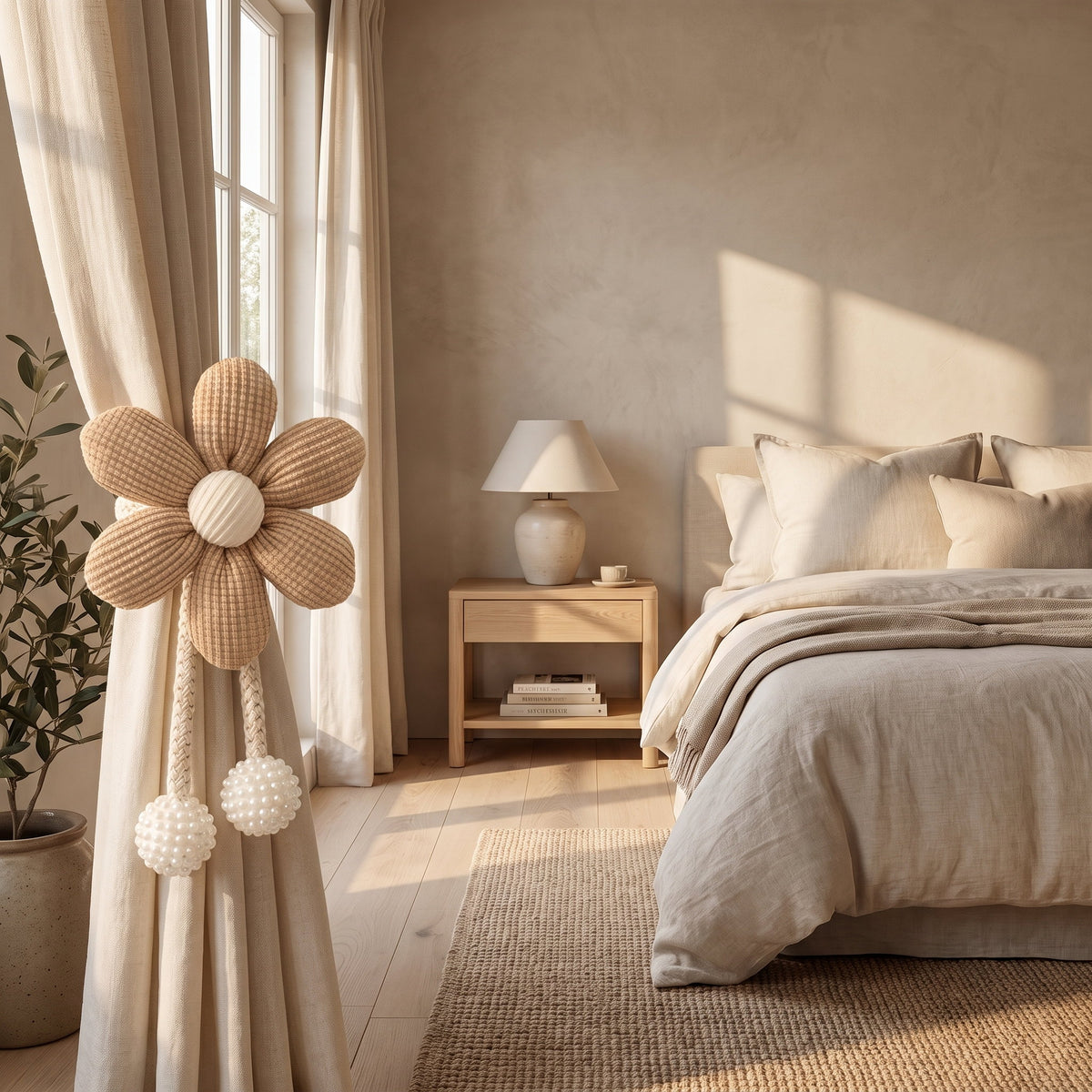 Bedroom window with the Wren floral curtain tie back on a linen curtain, Style Room