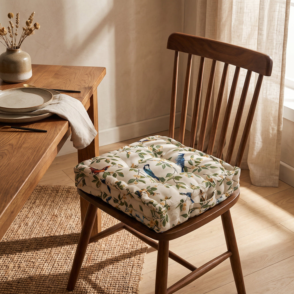Cream bird-print tufted seat cushion on a walnut dining chair in a warm room, Style Room