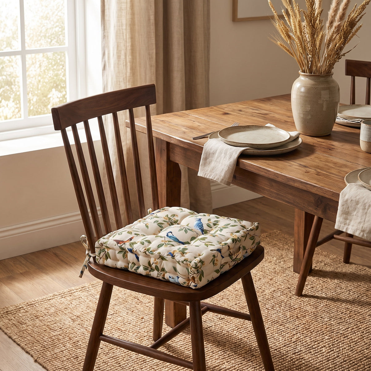 Cream bird-print tufted seat cushion on a walnut dining chair in a warm room, Style Room