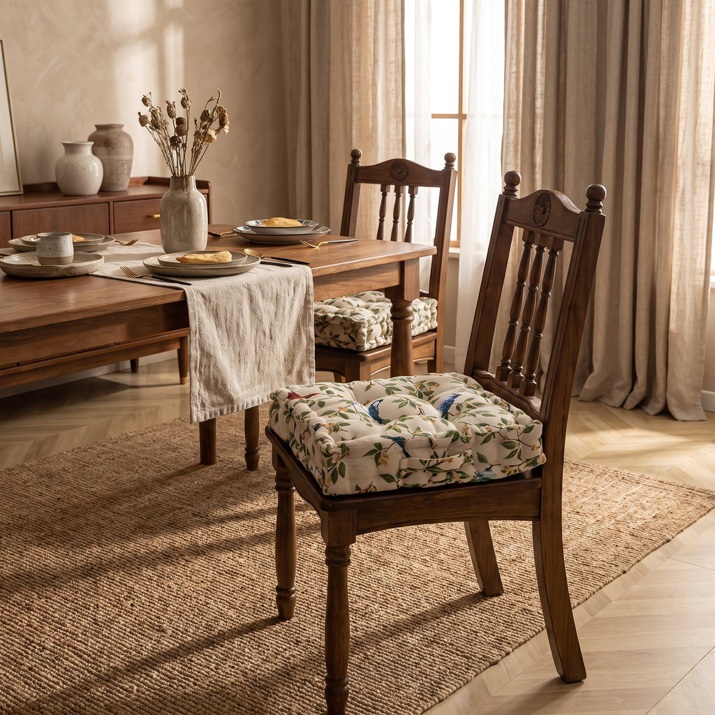 Dining room with Wren leaf-print tufted cushions on walnut spindle-back chairs, Style Room