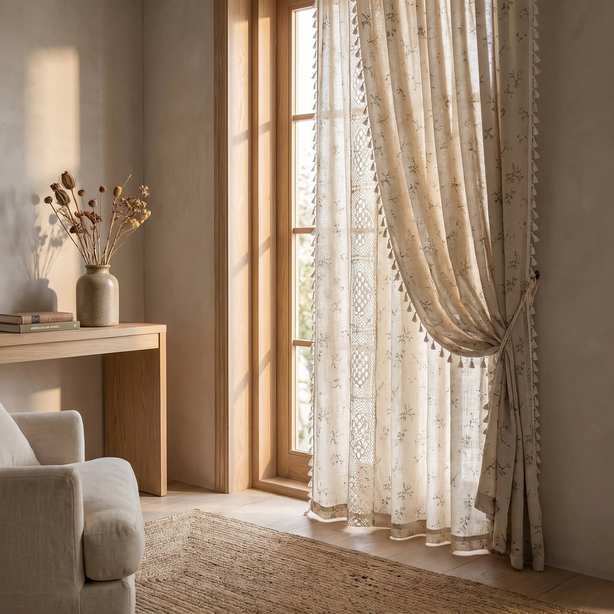 Wren meadow curtain in cream cotton-linen with embroidered sprigs, crochet band and tassels, Style Room