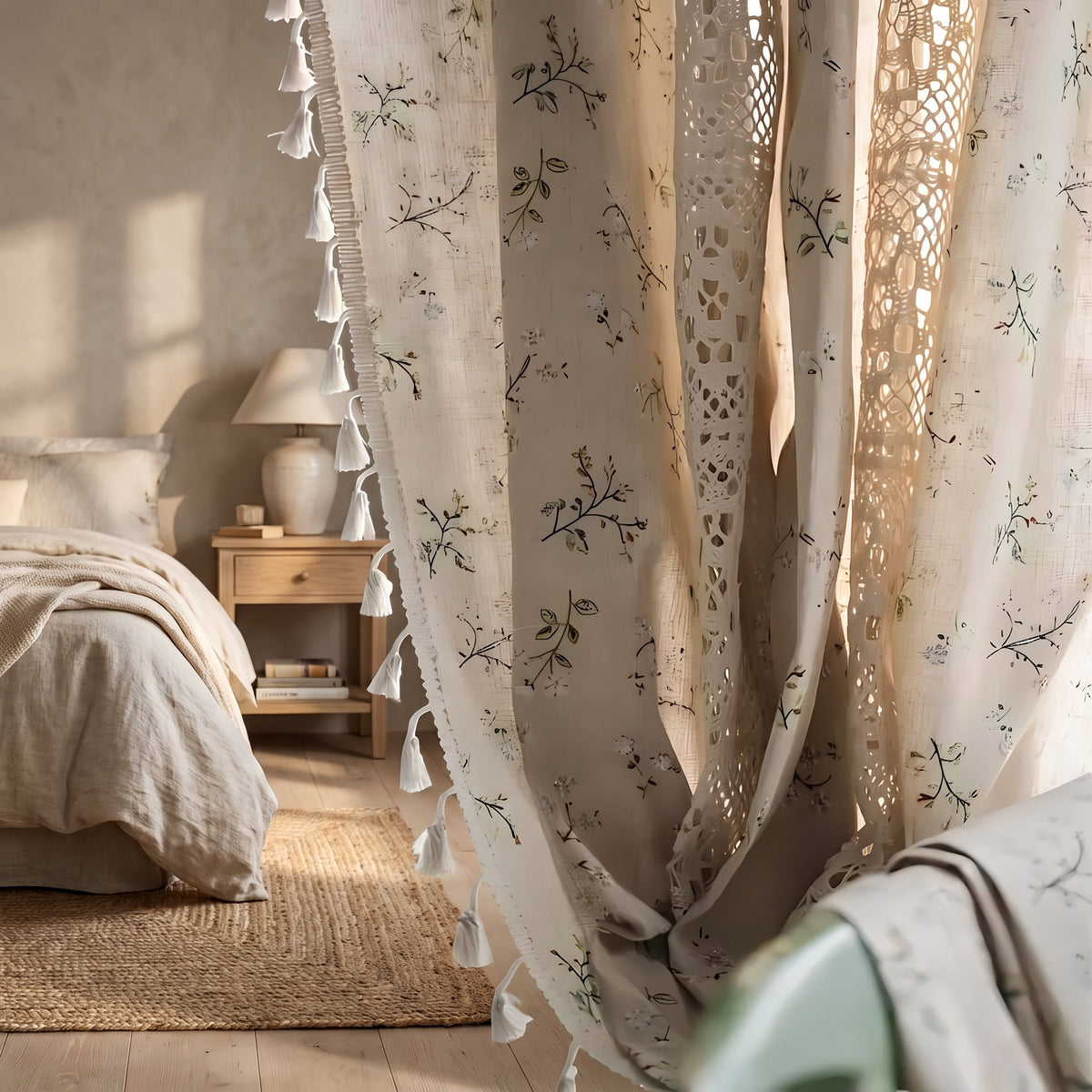 Embroidered cream curtain with crochet lace band at a bedroom window, Style Room