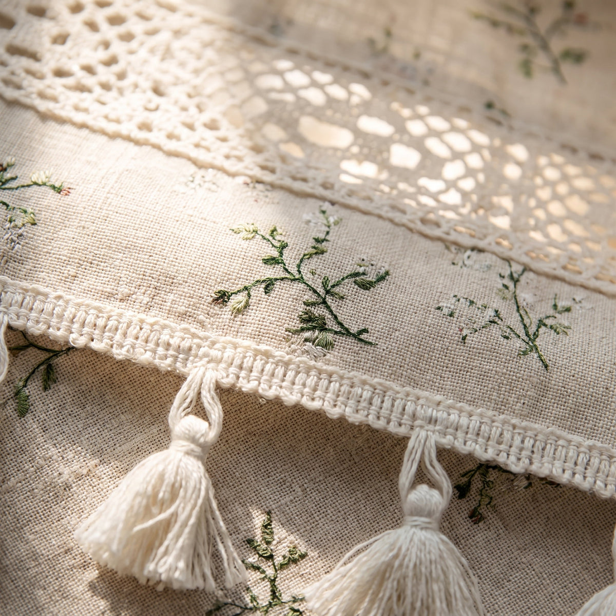 Close-up of the embroidered sprigs, crochet lace band and tassel trim, Style Room