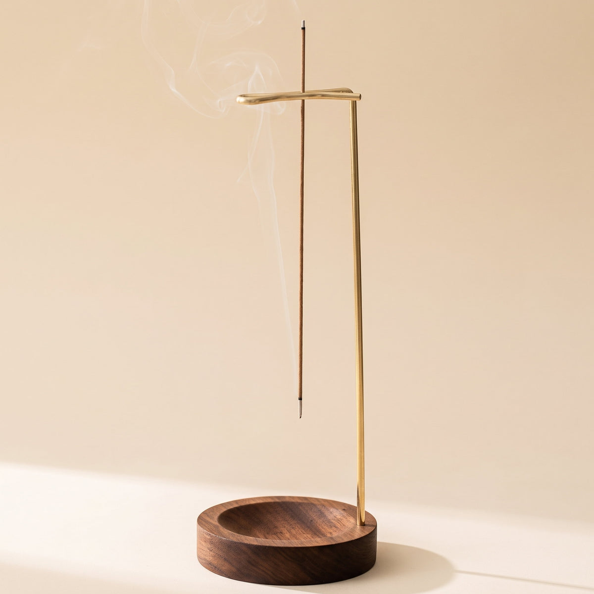 Wren incense burner in walnut wood with a brass hanging arm for incense sticks, Style Room