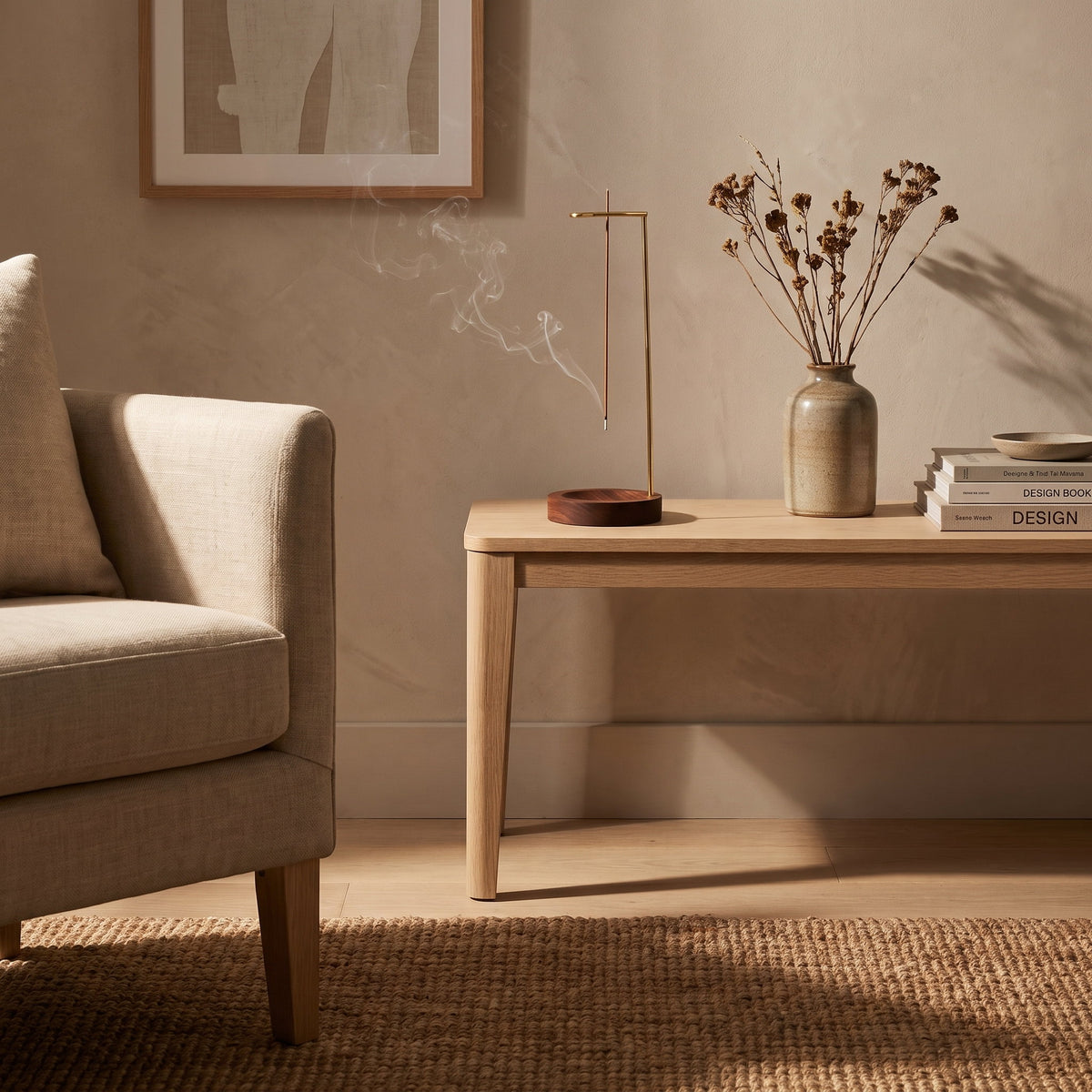 Walnut and brass incense burner alight on an oak console in a warm room, Style Room