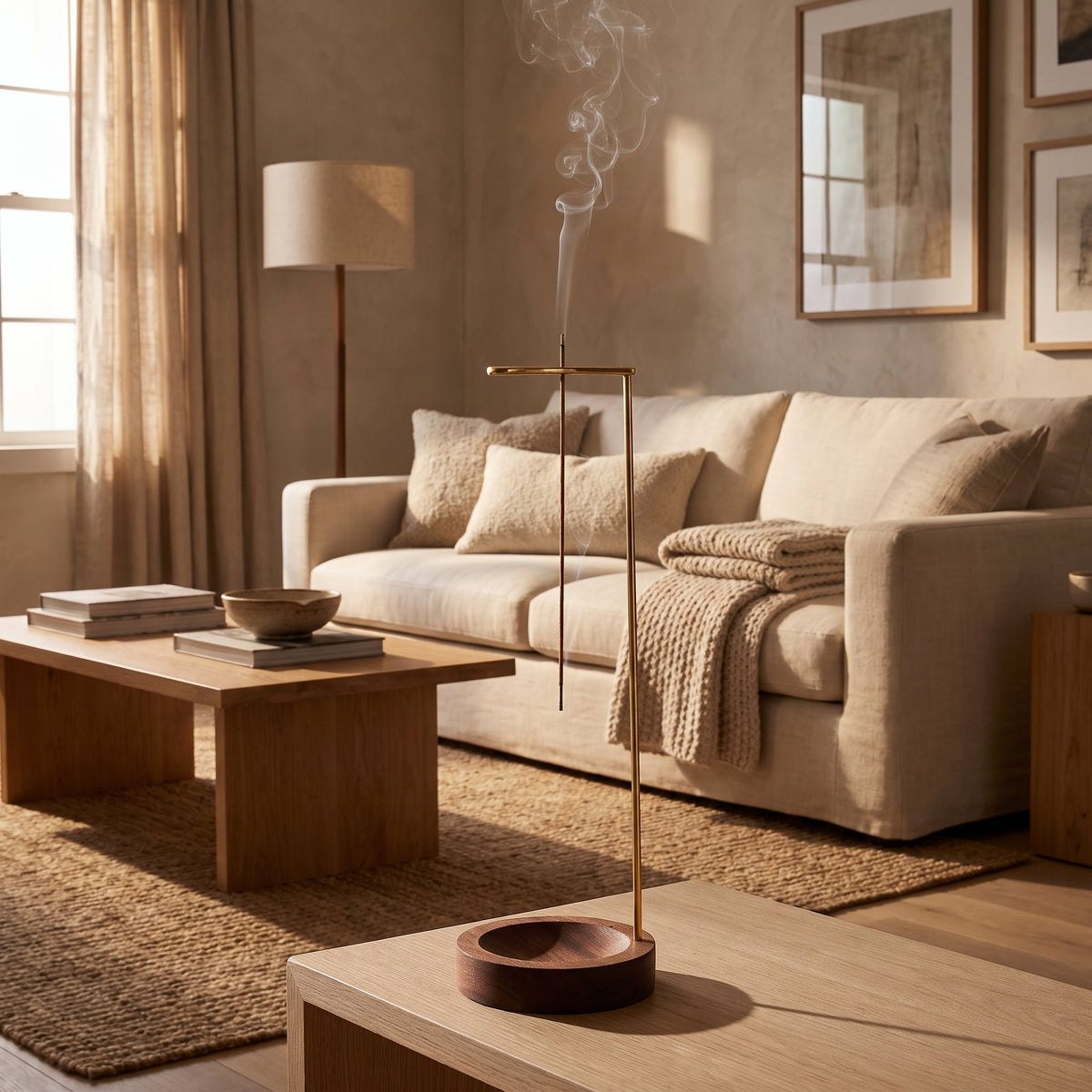 Sitting room with the Wren walnut and brass incense burner on a side table, Style Room