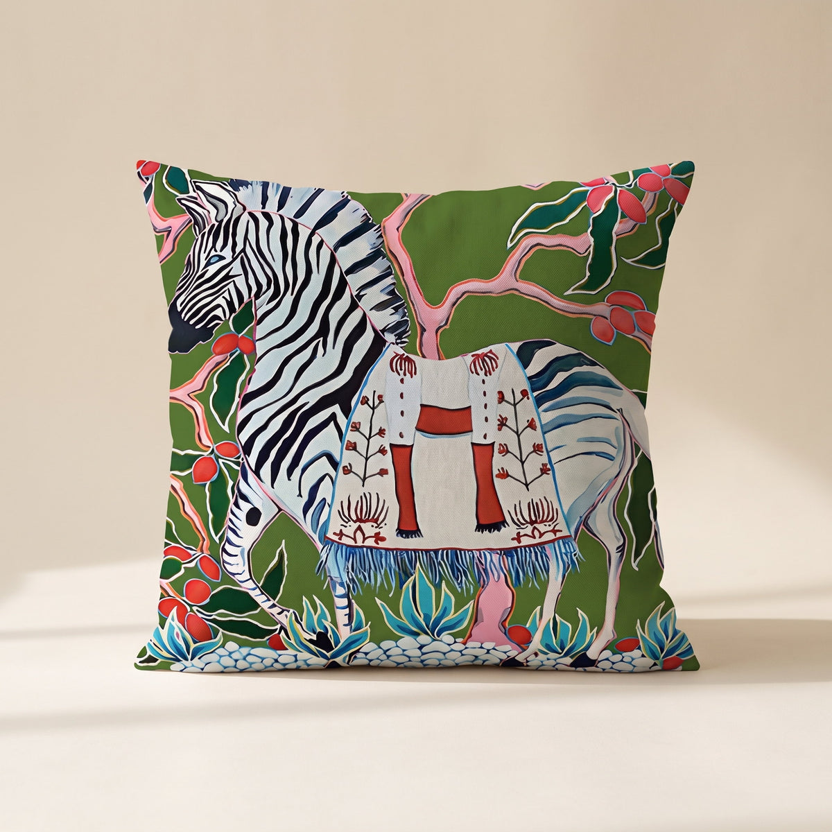 Zara cushion cover, 18x18 inches, with a bold zebra print on a green botanical microfiber ground